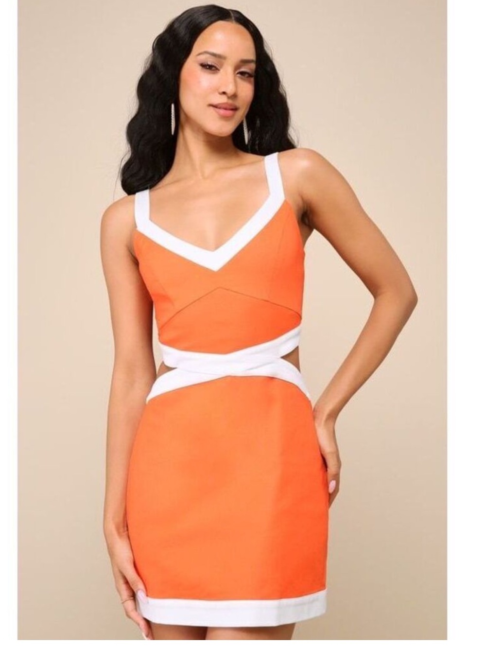 Lulus Nothing But Sweet Orange/White Color Block Cutout Cotton Mini Dress Event